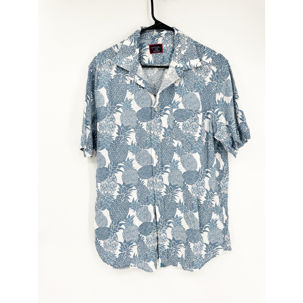 UNTUCKit Yoti Button Down Shirt Large Tall Slim Blue Pineapple Linen